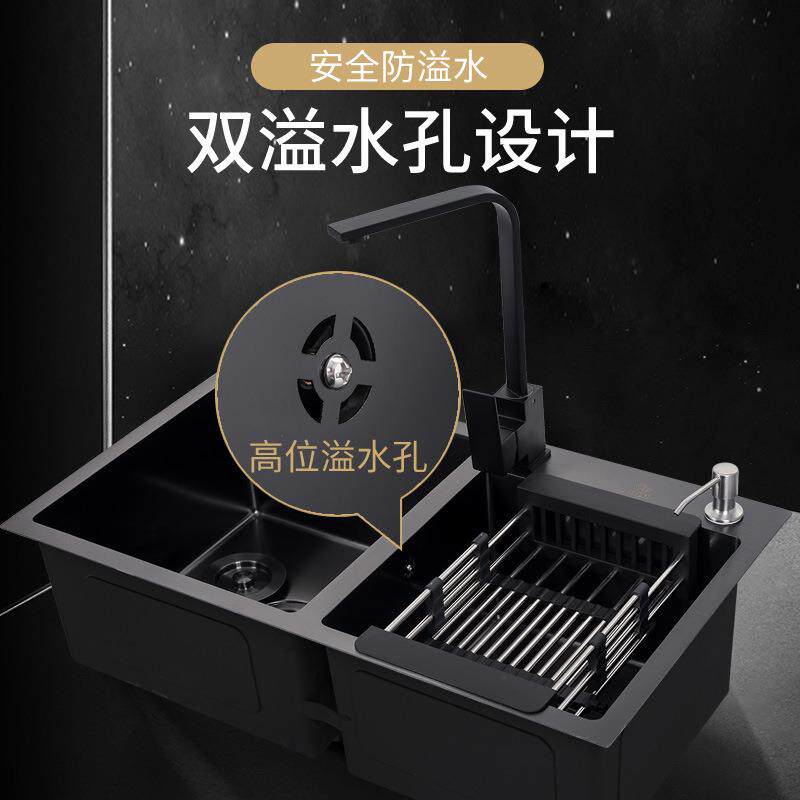黑7843金刚纳手工不锈钢槽双槽黑水厨房洗菜盆米纳米洗碗池台下黑