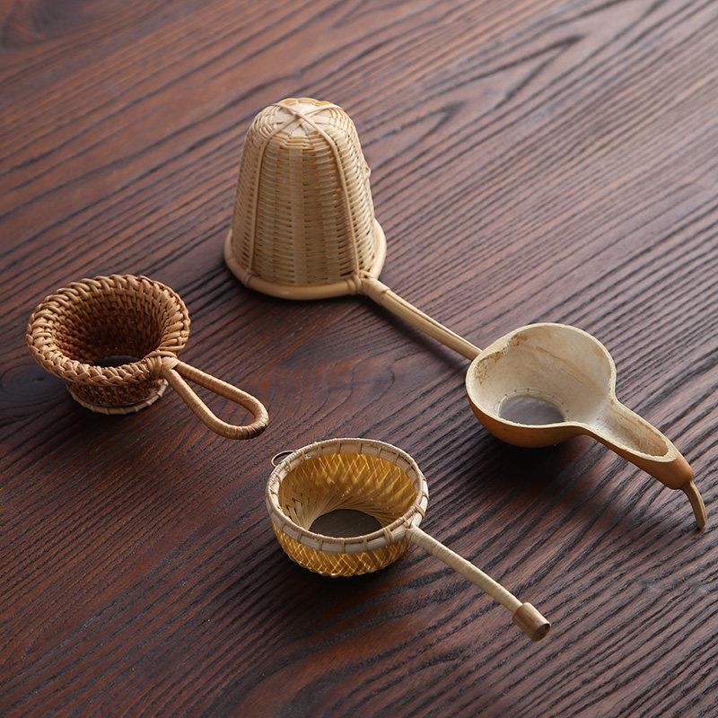 天然竹编藤编茶漏茶滤茶渣过滤网漏茶道配件长柄竹茶漏竹编茶漏