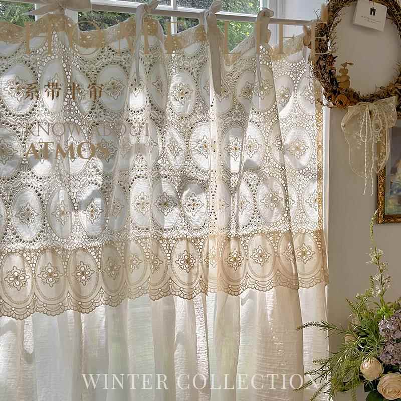 法式复古米色蕾丝半帘镂空刺绣短帘系带穿杆帘厨房飘窗隔断帘装饰