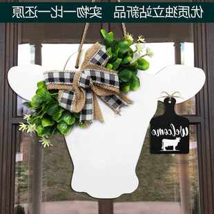木质牛头花环2022新布法罗格子蝴蝶结门圈小牛仿真花圈批发