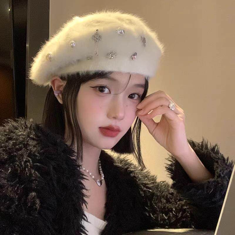 水钻兔毛贝雷帽女春秋季韩版显脸小毛绒画家帽日系大头围白色帽子