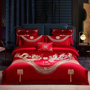 新款 140S长绒棉贡缎提花龙凤刺绣婚庆四件套结婚大红床品10件套