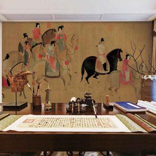 宋氏美学卧室内嵌画布虢国夫人游春图壁布唐代宫廷仕女背景墙壁画