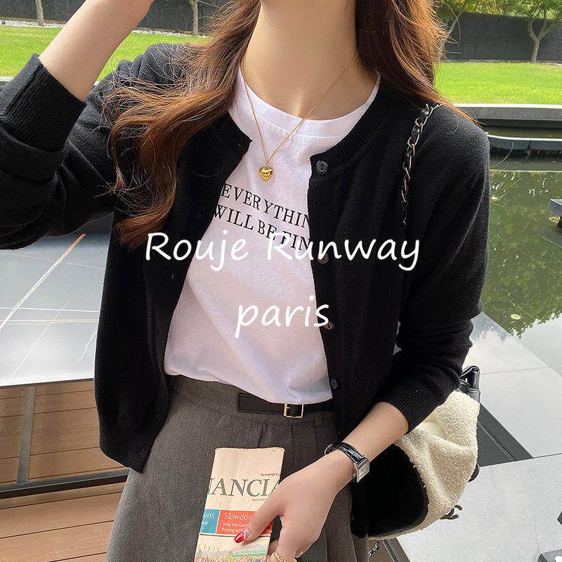 Rouje Runway黑色毛衣外套女早秋新外搭薄款开衫高级感针织衫上衣