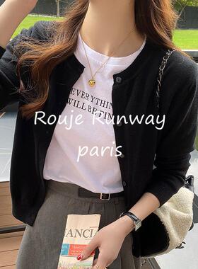 Rouje Runway黑色毛衣外套女早秋新外搭薄款开衫高级感针织衫上衣