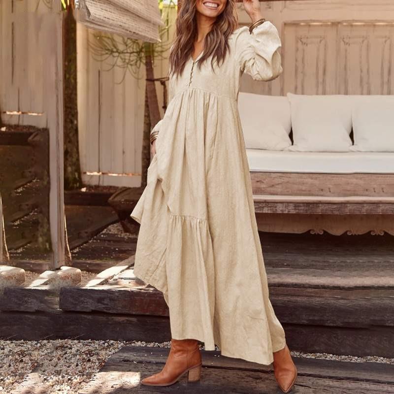 Robe Tunic Sleeve Long Ruffled V-Neck Casual Elegant Dress