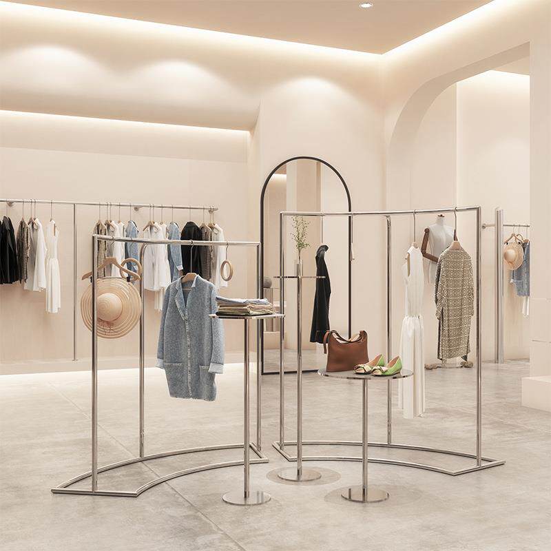 服装店展示架弧形架不锈钢落地式男女装店货架挂衣杆陈列道具