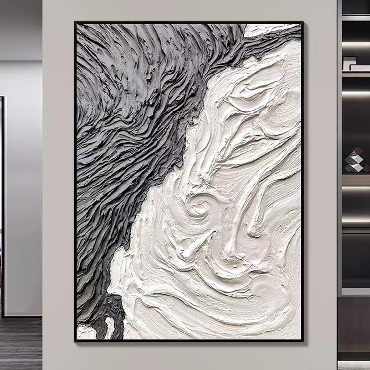 纯手绘黑白灰色装饰画现代极简客厅玄关落地挂画立体肌理抽象油画