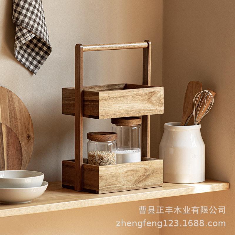 现简约双层木质厨房果蔬置物架浴室收纳架桌面杂物整理架储物筐