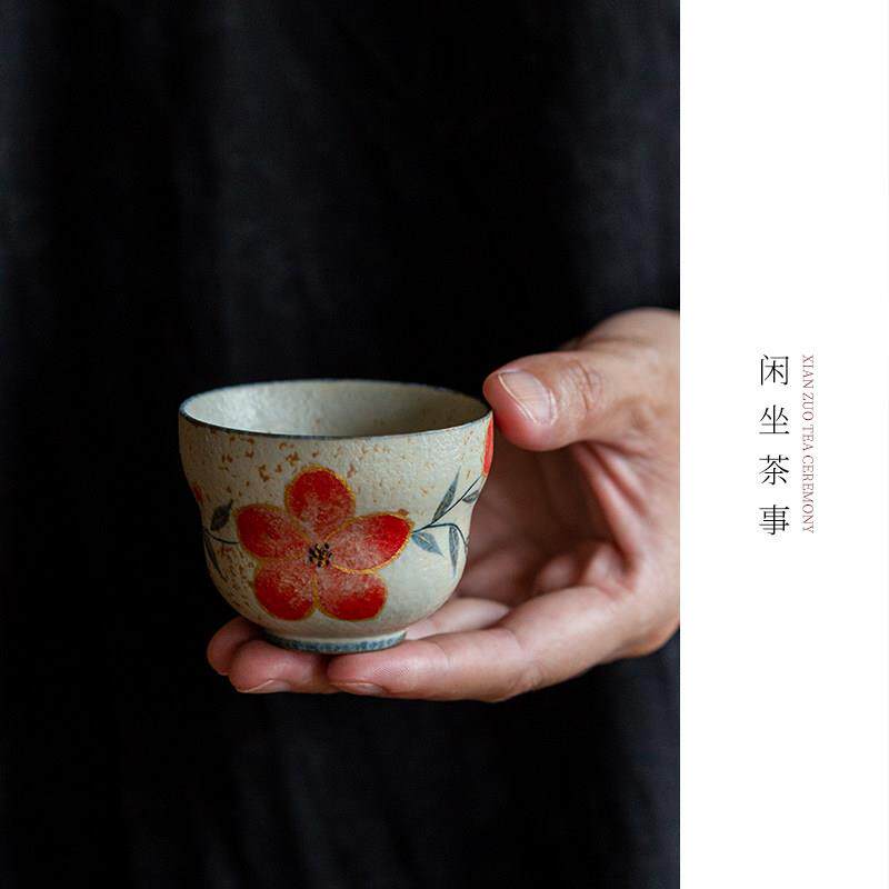 青花火石红手绘桃花福禄杯复古陶瓷功夫茶具单杯喝茶主人杯个人杯