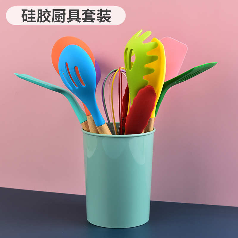 厨房榉件套厨具批发木柄12勺套装硅胶铲烹饪硅胶用具厂家彩色
