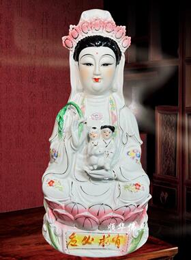 纯手工陶瓷送子观音佛像 白玉中式风格桌面摆件 有求必应送子菩萨