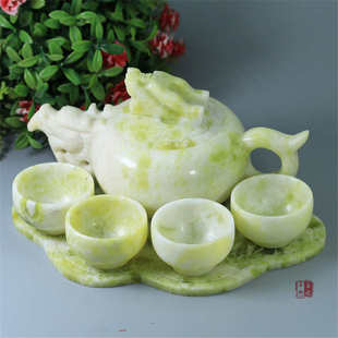 蓝田玉玉石茶具茶壶茶杯玉茶坊用品雕件白玉石茶壶工艺礼品摆件