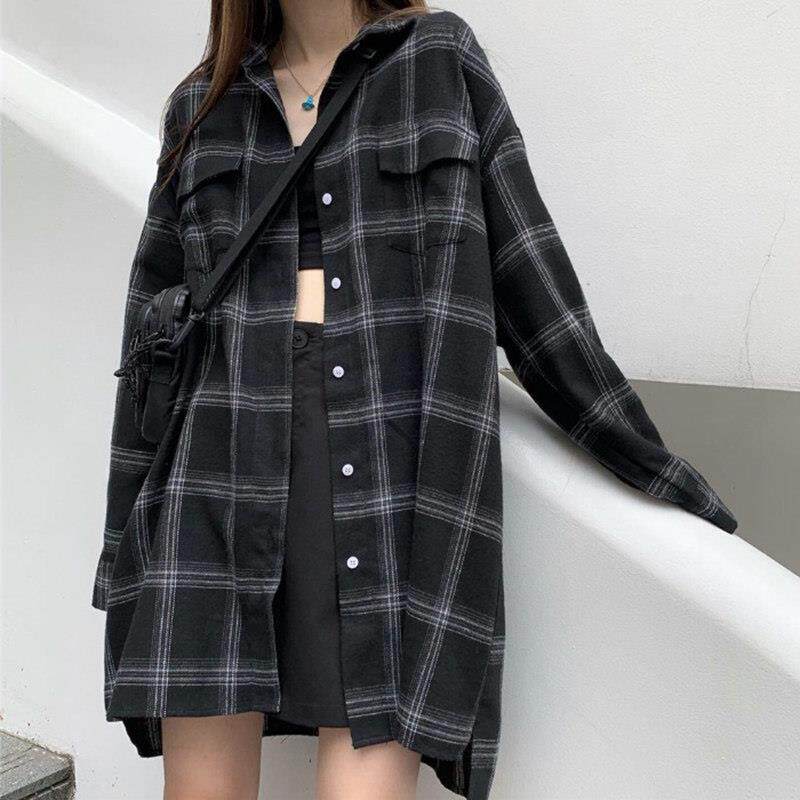 潮牌中长款格子衬衫女春秋2025新款韩版慵懒风宽松长袖衬衣薄外套