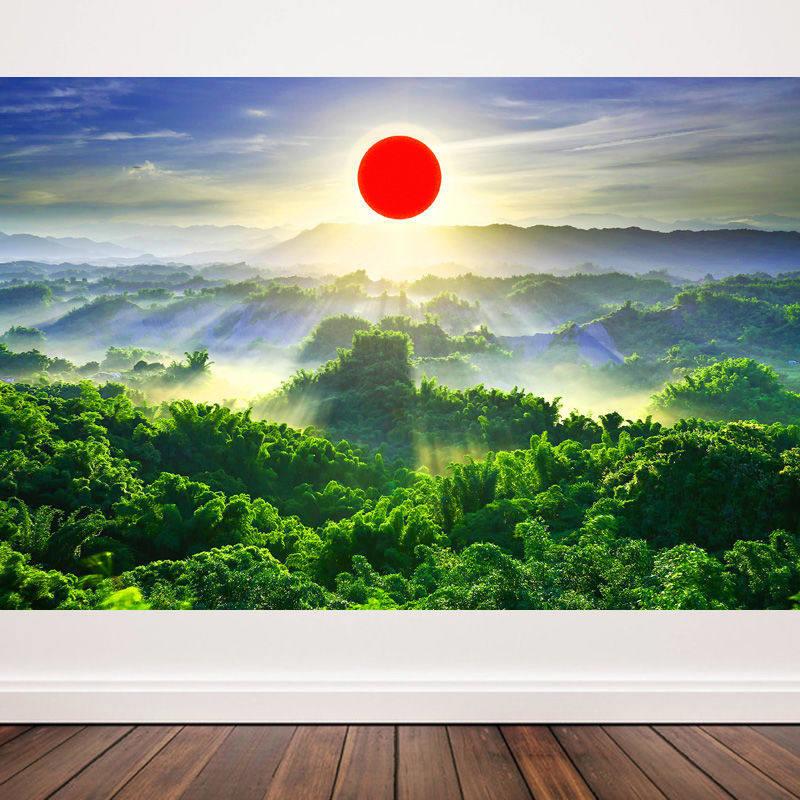 太阳图案装饰画旭日东升挂画绿色森林自然风景画海报太阳画贴墙画