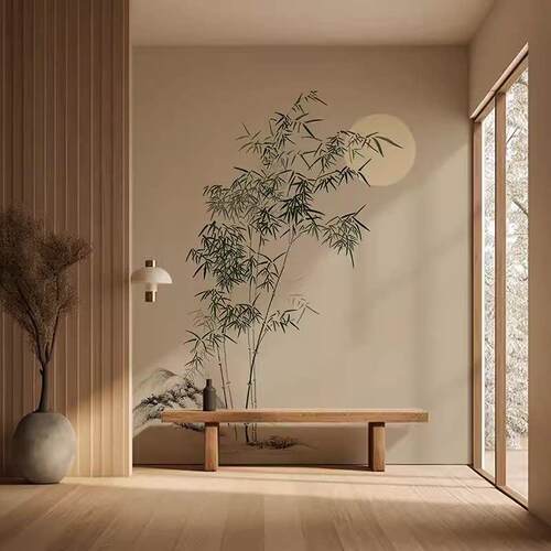 中式古典淡雅水墨画 画竹子电视背景墙纸禅意茶室酒店养生馆环保