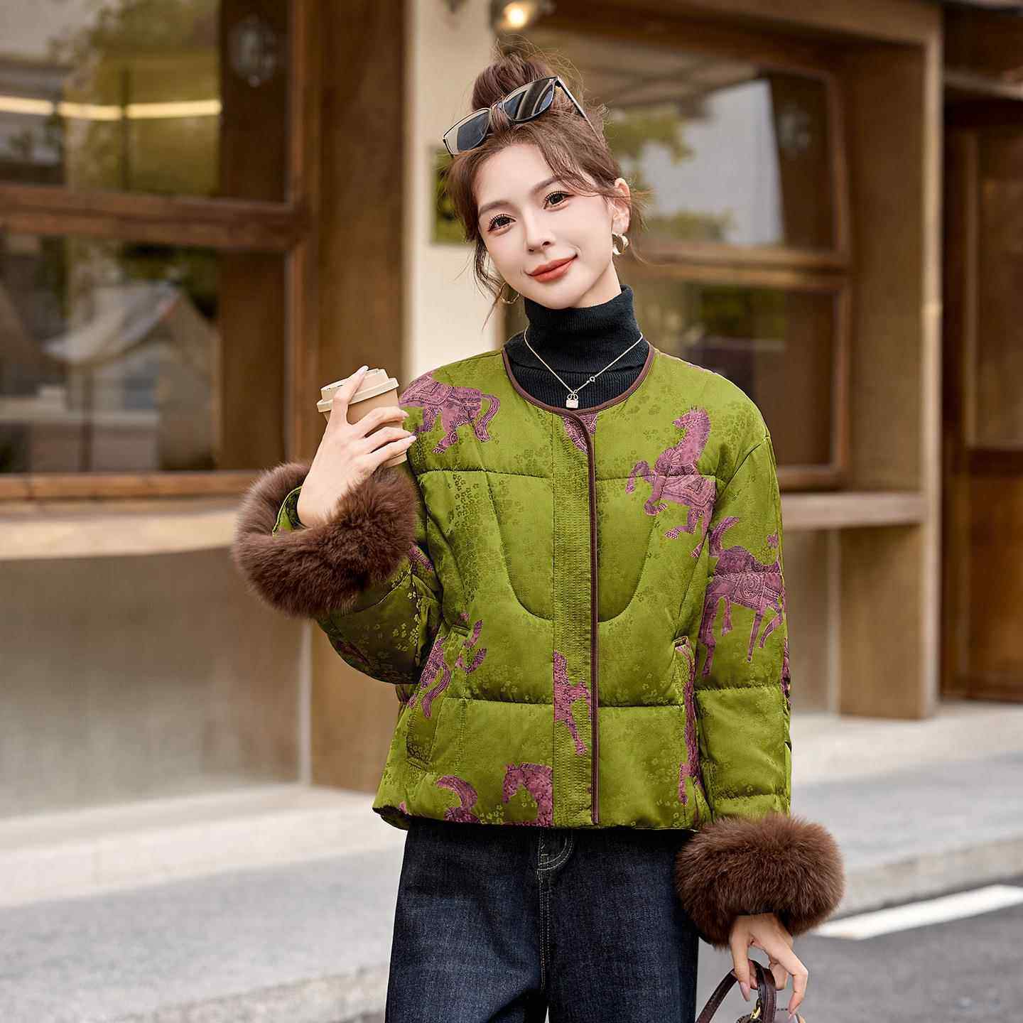 绿国风羽女绒洋气年冬季ZAI8161Q保暖狐狸色毛袖高级感复古短款服