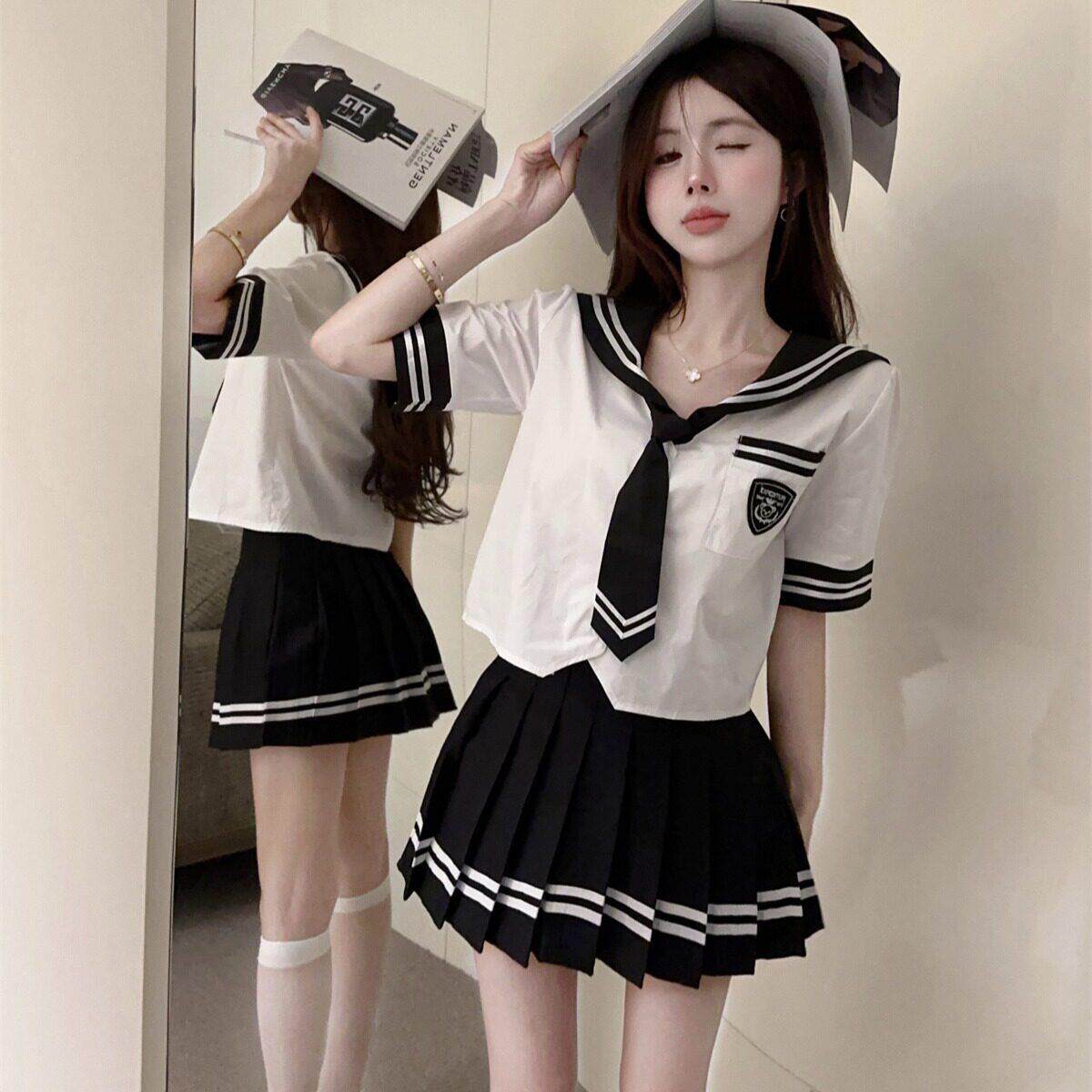 JK制服学院风套装女夏装减龄工作服海军领衬衫加百褶短裙少萝穿搭