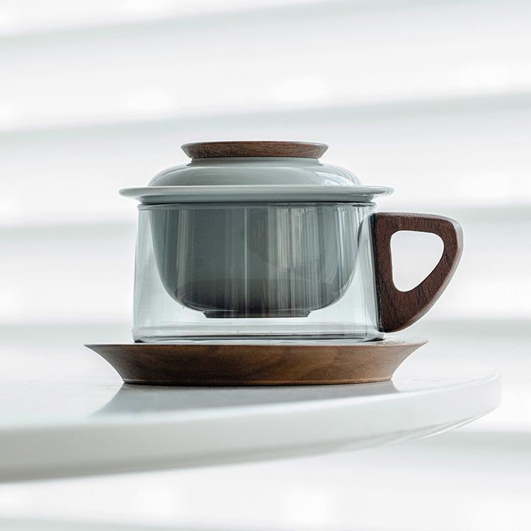 茶咖杯 咖啡杯个人泡茶杯耐热玻璃茶水分离杯整套陶瓷带茶勺办公