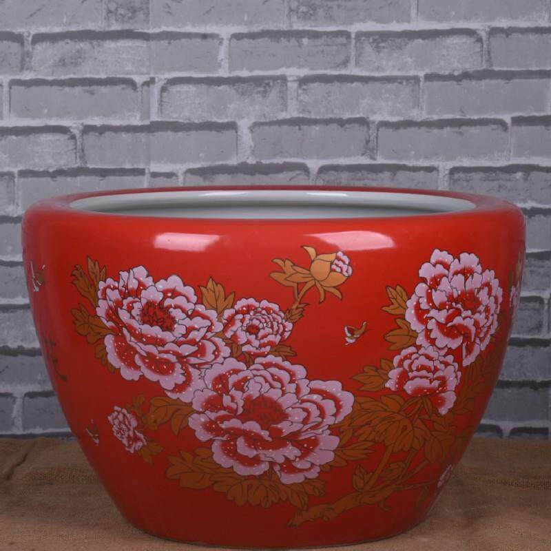 陶瓷工艺品 中国红金色牡丹花陶瓷大号鱼缸高温颜色釉养鱼缸