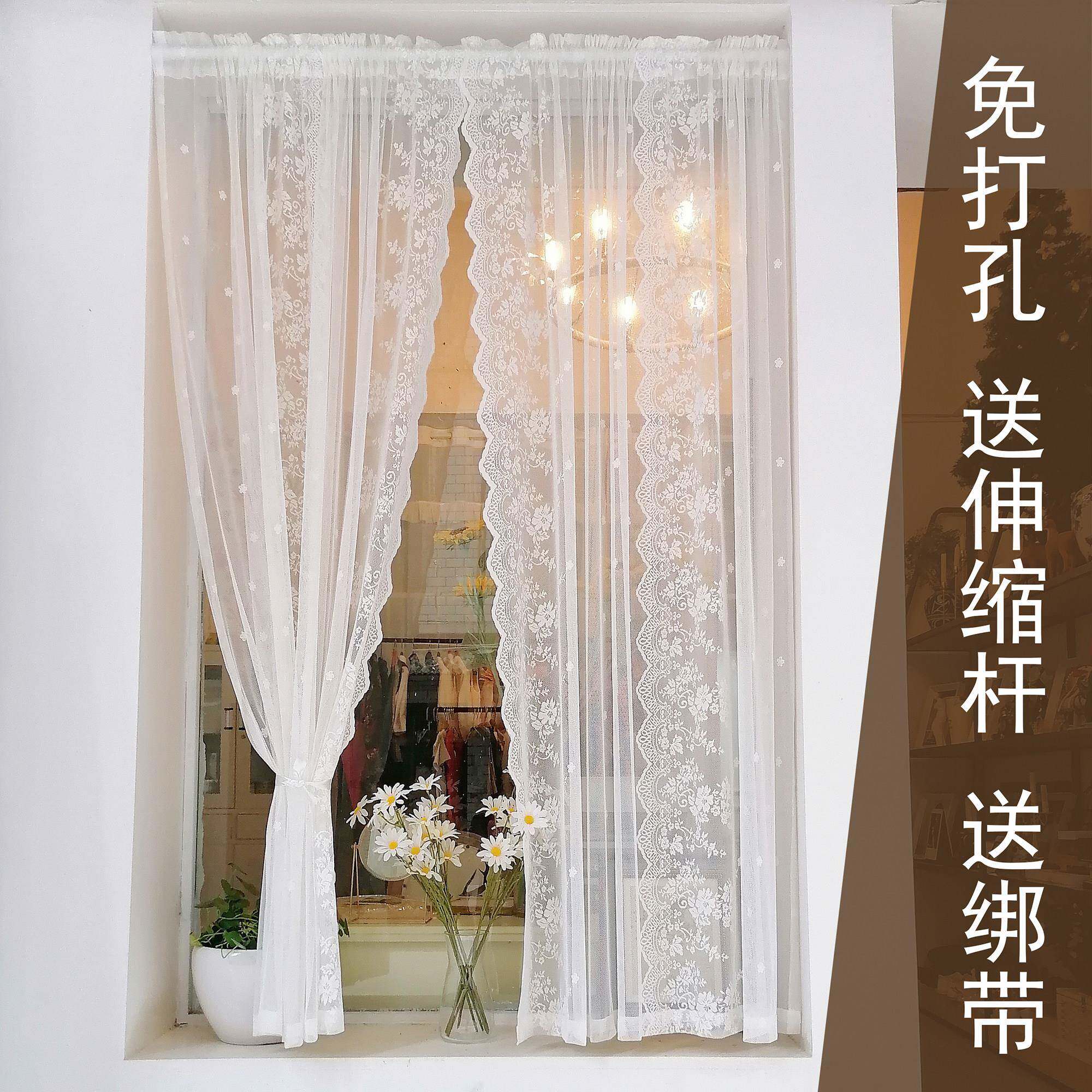 韩式白色蕾丝窗帘免打孔门帘隔断 可定制两片组 简约日韩风格