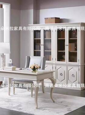 北美之家女王系列实木书柜美式复古白做旧玻璃门双门书橱满墙书柜