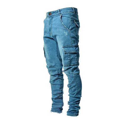 Men's multi pocket small leg pants slimming denim
