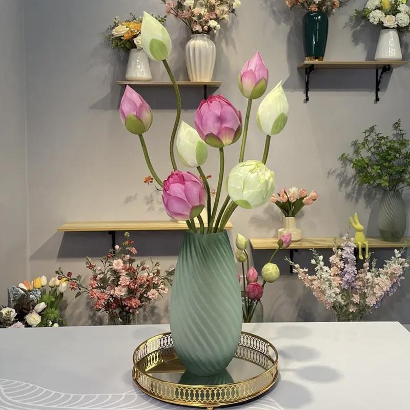 轻奢玻璃珠螺纹绿磨砂玻璃花瓶客厅插花酒店餐桌大厅摆件花器
