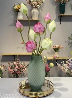 轻奢玻璃珠螺纹绿磨砂玻璃花瓶客厅插花酒店餐桌大厅摆件花器