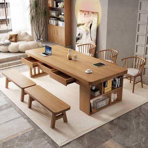 去客厅大长实木书桌家用学习书柜一体带抽屉大板桌长条桌子工作台