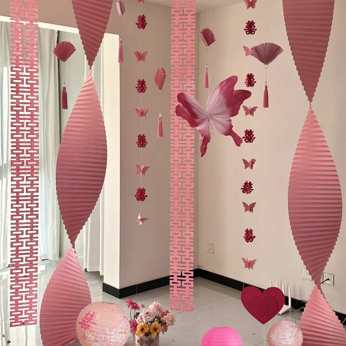 婚房布置套装结婚新房窗帘立体蝴蝶装饰婚礼客厅卧室长条喜字拉花