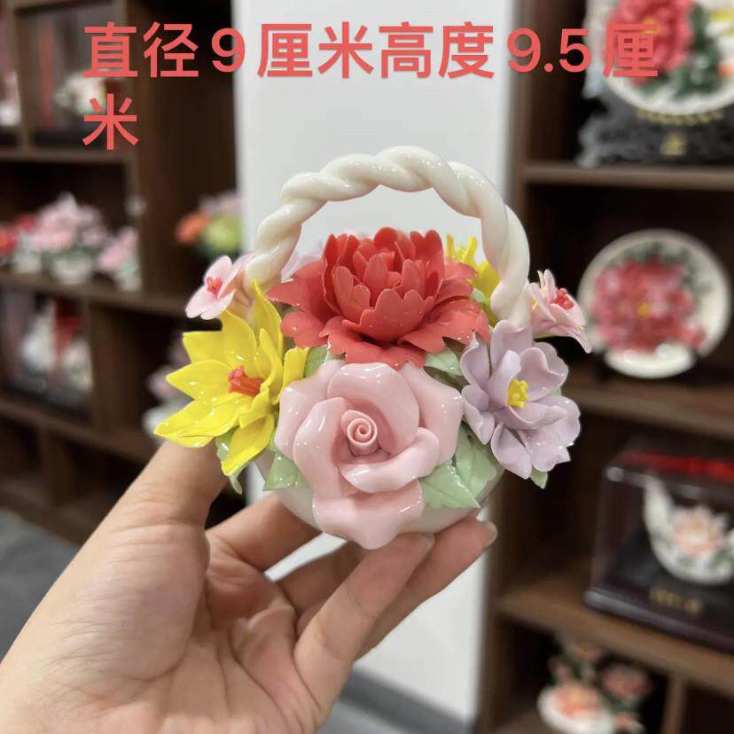 纯手工陶瓷玫瑰花 中式家居装饰摆件 书桌电视柜花瓶摆饰 陶瓷花