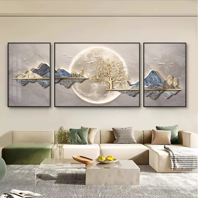 现代轻奢客厅三联装饰画大气沙发背景墙挂画高级感靠山福鹿壁画图片