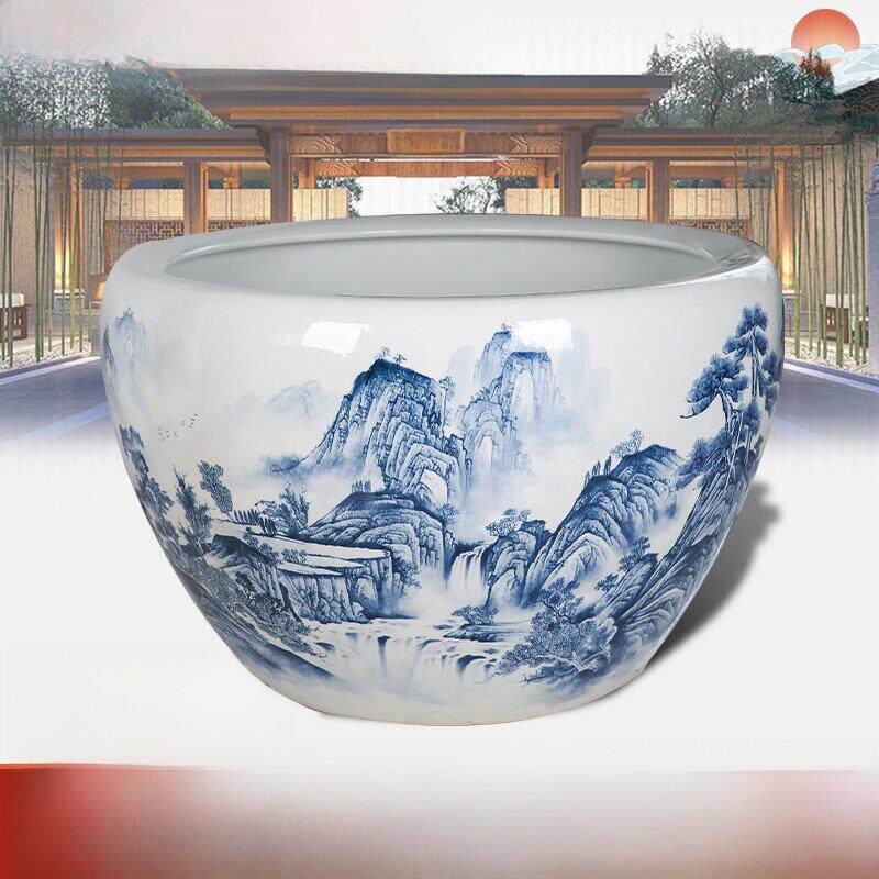 景德镇陶瓷大缸大金鱼缸手绘青花景观缸睡莲荷花花盆大庭院景观