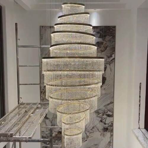 复式楼轻奢水晶大吊灯不锈钢挑高楼中楼中厅艺术别墅客厅楼梯间灯