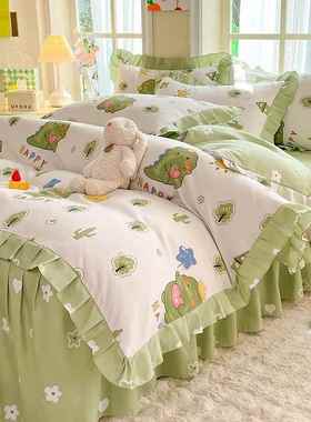 韩系卡四公主风奶蓝色套W8bCf3WX床裙件套加厚磨毛通床单被三