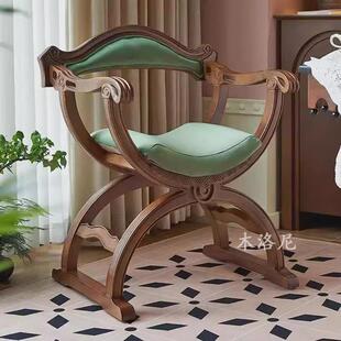 中古沙发椅法式 客厅家具 复古雕花古董但丁椅子实木橄丝绒榄绿美式