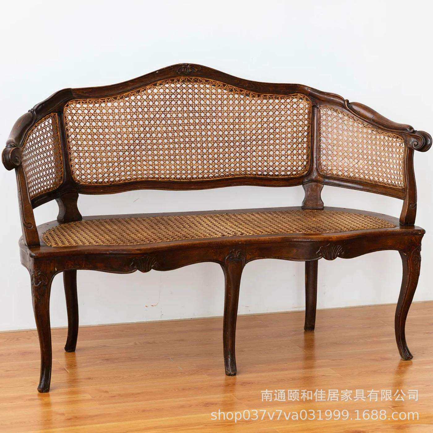 法式靠背藤编双人阳台客厅休闲椅别墅影楼复古实木雕花藤艺沙发椅