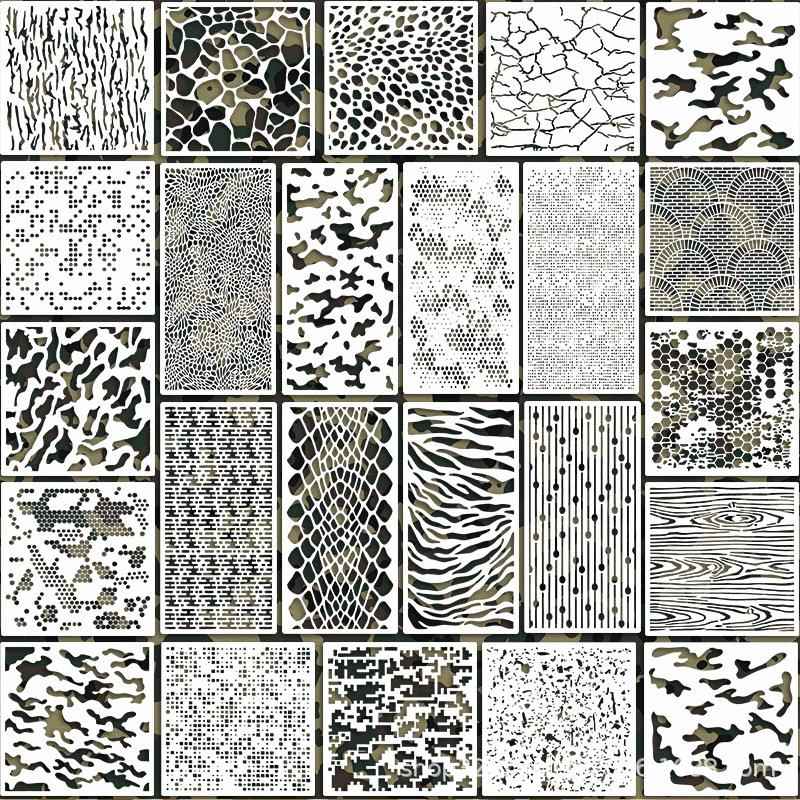 跨境temu亚马逊24张件迷彩纹理镂空DIY绘画涂鸦彩绘模板装饰喷绘