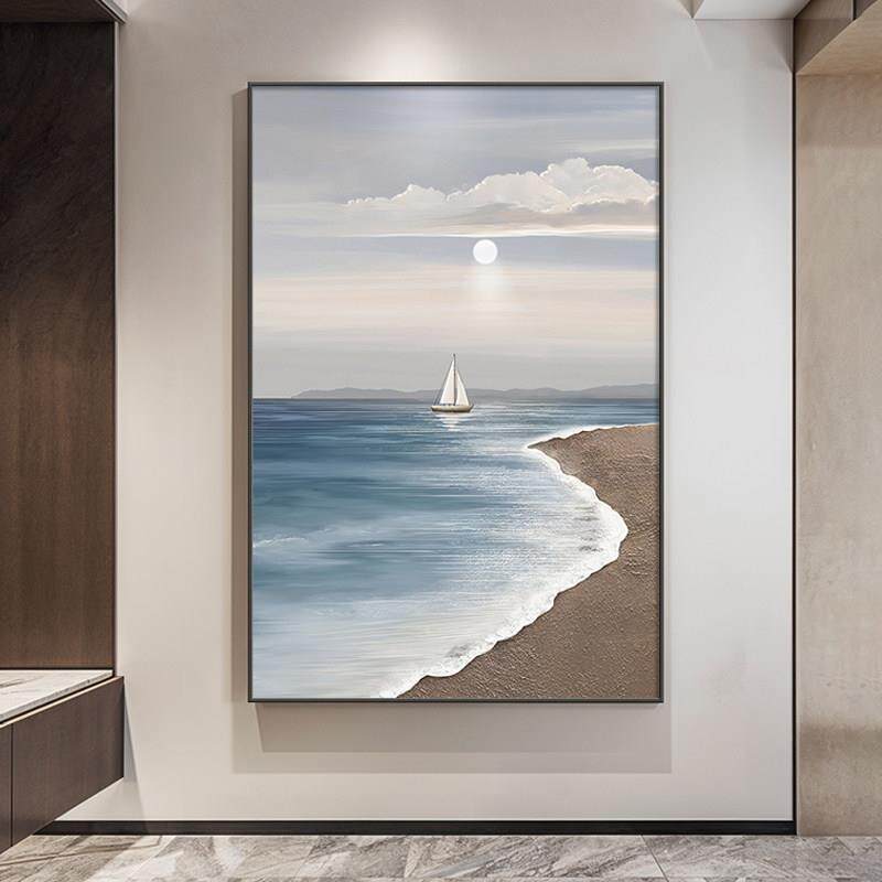 一帆风顺玄关装饰画 画日出海景客厅沙发背景墙挂画 画蓝色走廊过