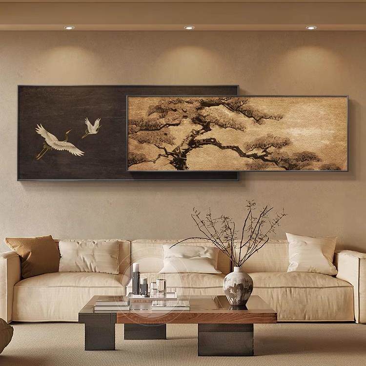 中古风客厅装饰画法式覆古沙发背景墙挂画新中式高级感迎客松壁画