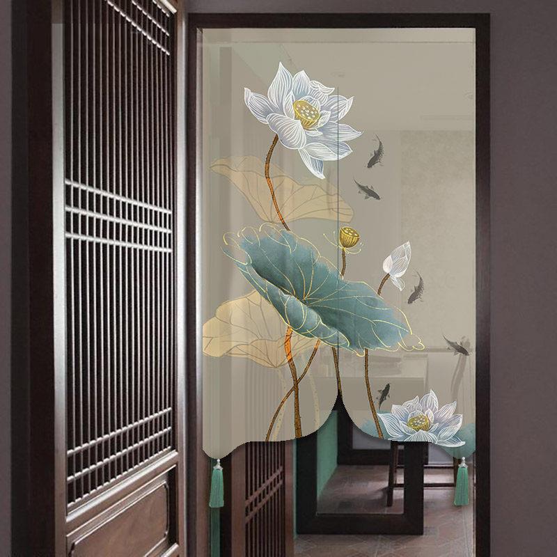 莲花免打孔新中式玄关国风门帘布帘挂帘化妆室古风流苏隔断窗防水