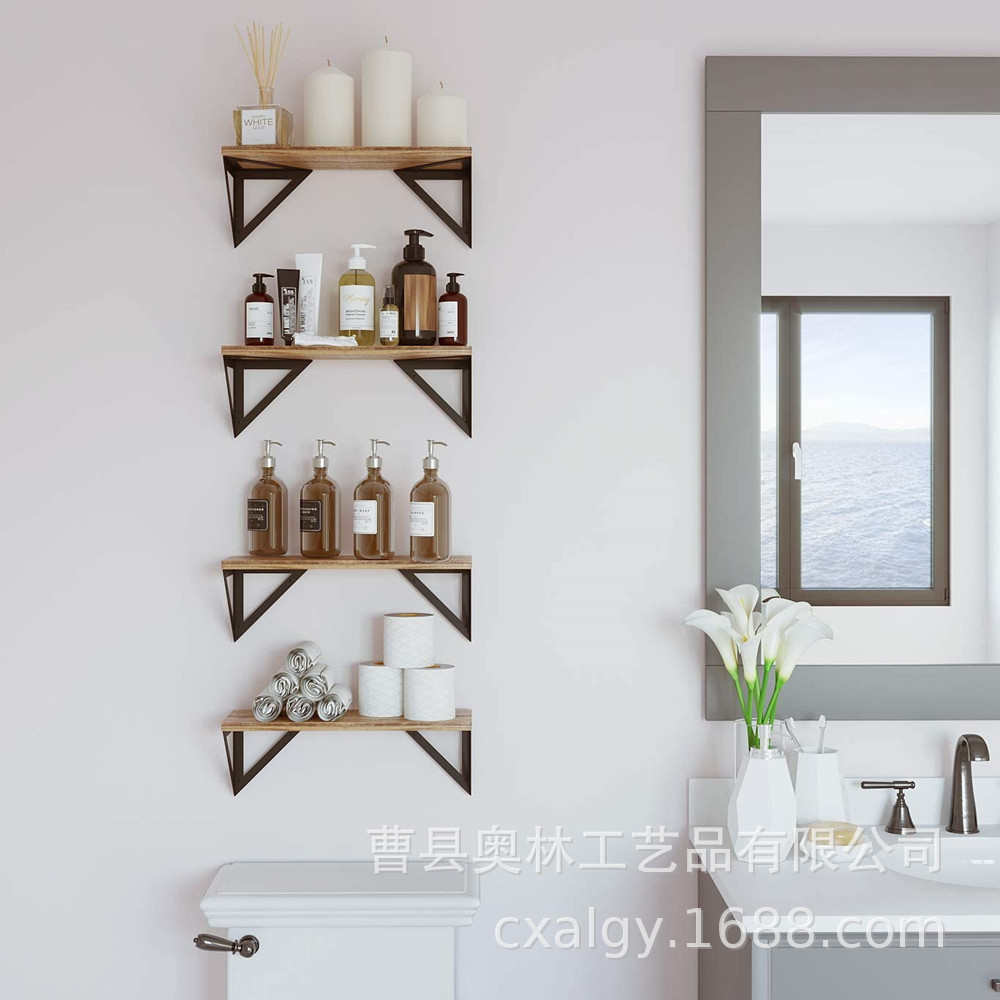 铁木结合悬浮墙上置物架木质浴室储物架厨房客厅壁挂式隔板
