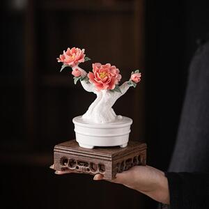 繁花似锦手工陶花摆件艺家居办公室装仿真小饰盆栽牡丹EZD瓷花朵