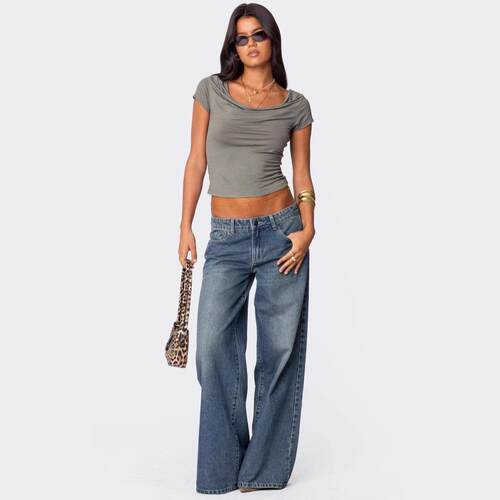 Wide leg printed denim pants, women's jeans