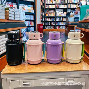 1000ml高颜值纯色大容量学生保温杯斜挎女生出行便携肩带保温水壶