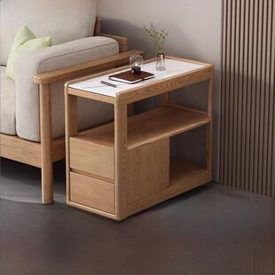 实木沙发边柜板岩边桌北欧小公寓客厅转角轮桌可移动的窄边桌完整