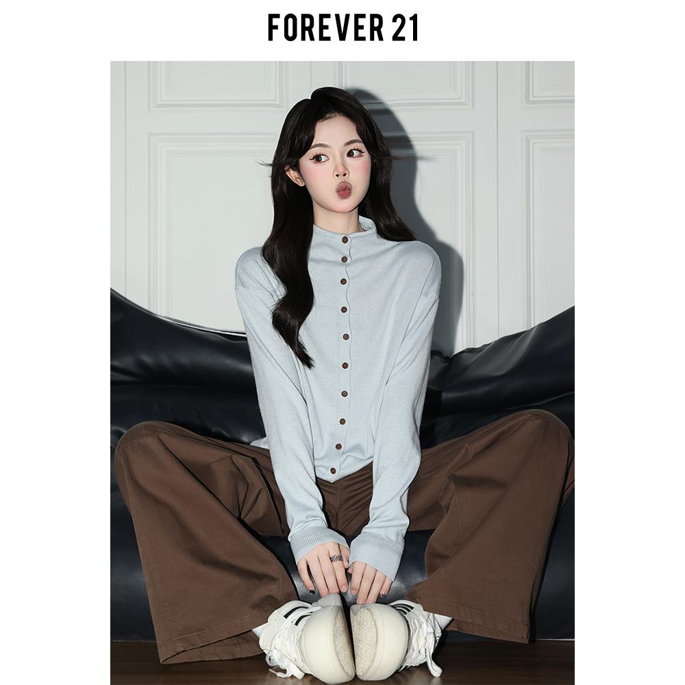 Forever 21韩系浅蓝半高领针织开衫女秋宽松长袖羊毛内搭打底上衣
