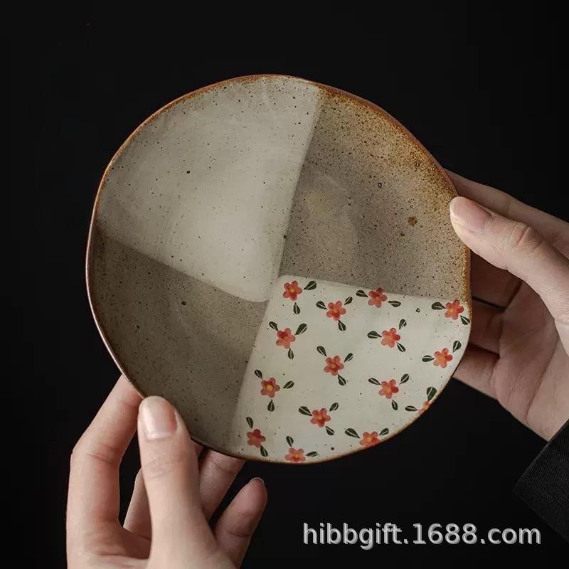 弥言仿柴烧纯手工粗陶壶承手绘陶瓷茶盘简约茶壶盖碗干泡盘茶点盘