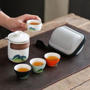 家用简约盖碗陶瓷茶杯户外茶盘便捷包 德化白瓷旅行功夫茶具小套装